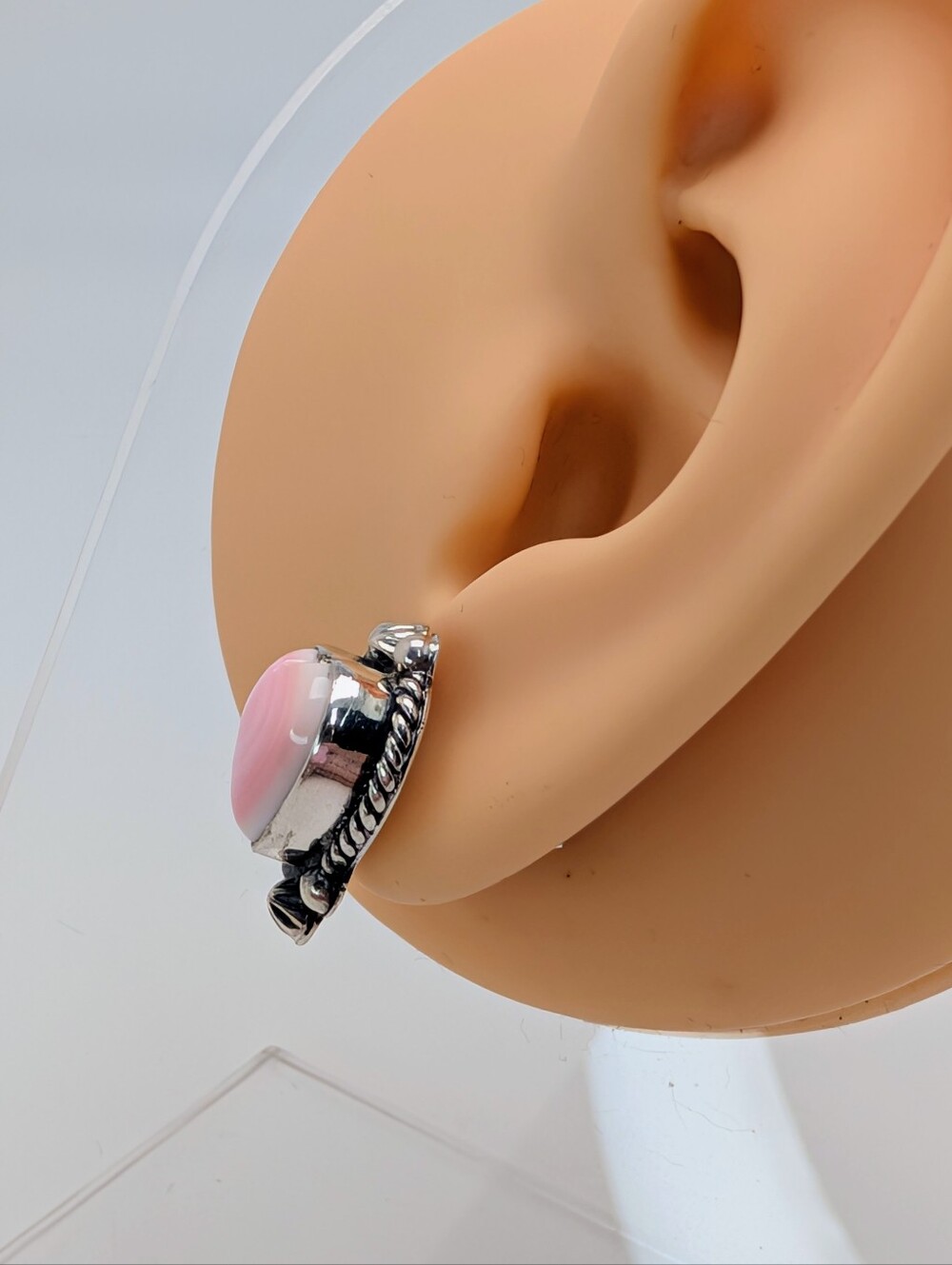 Pink Conch S925 Sterling Silver Heart Gemstone Stud Earrings - Picture 9 of 9